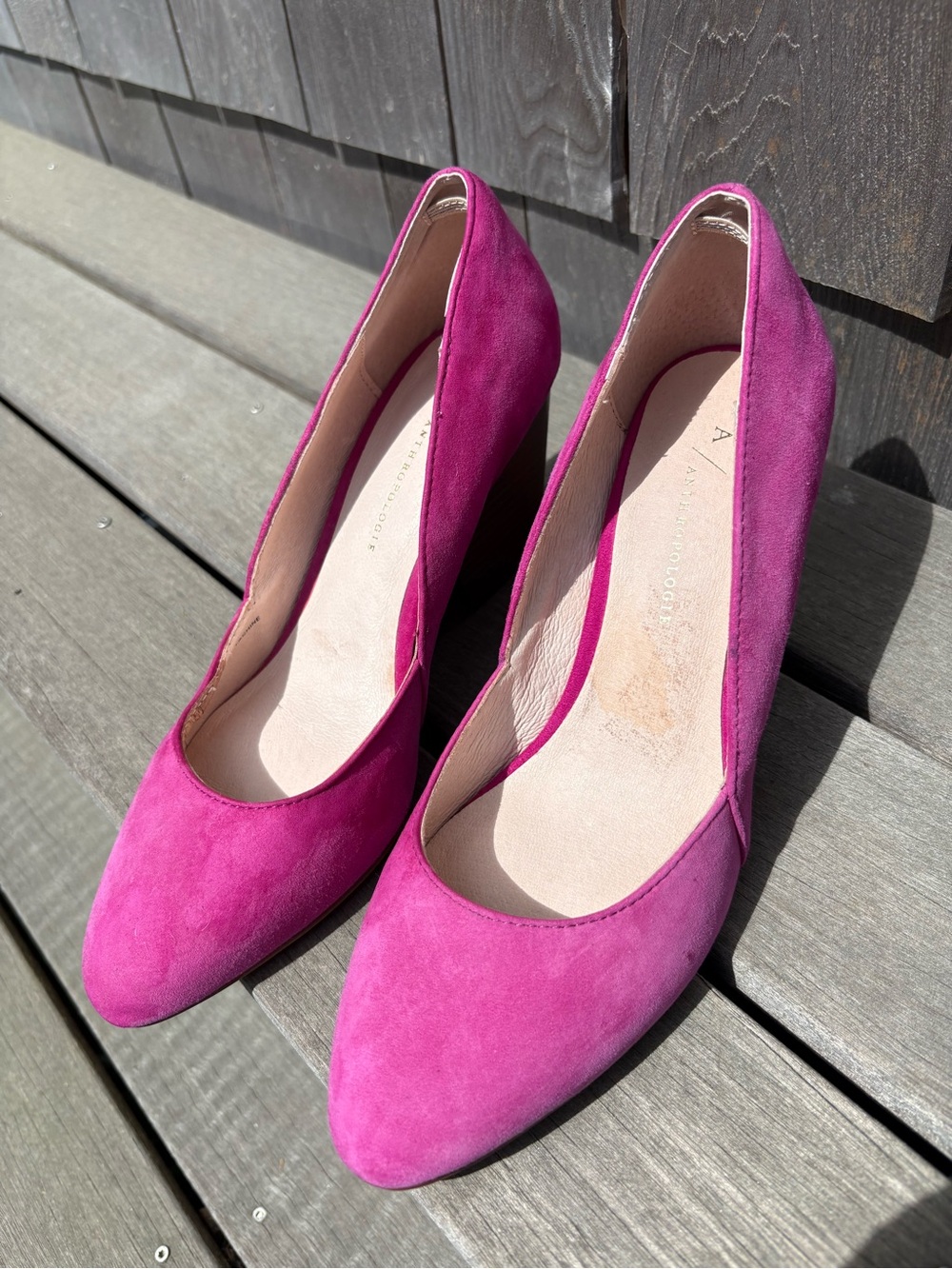 Anthro pink suede chunky heels size 7.5